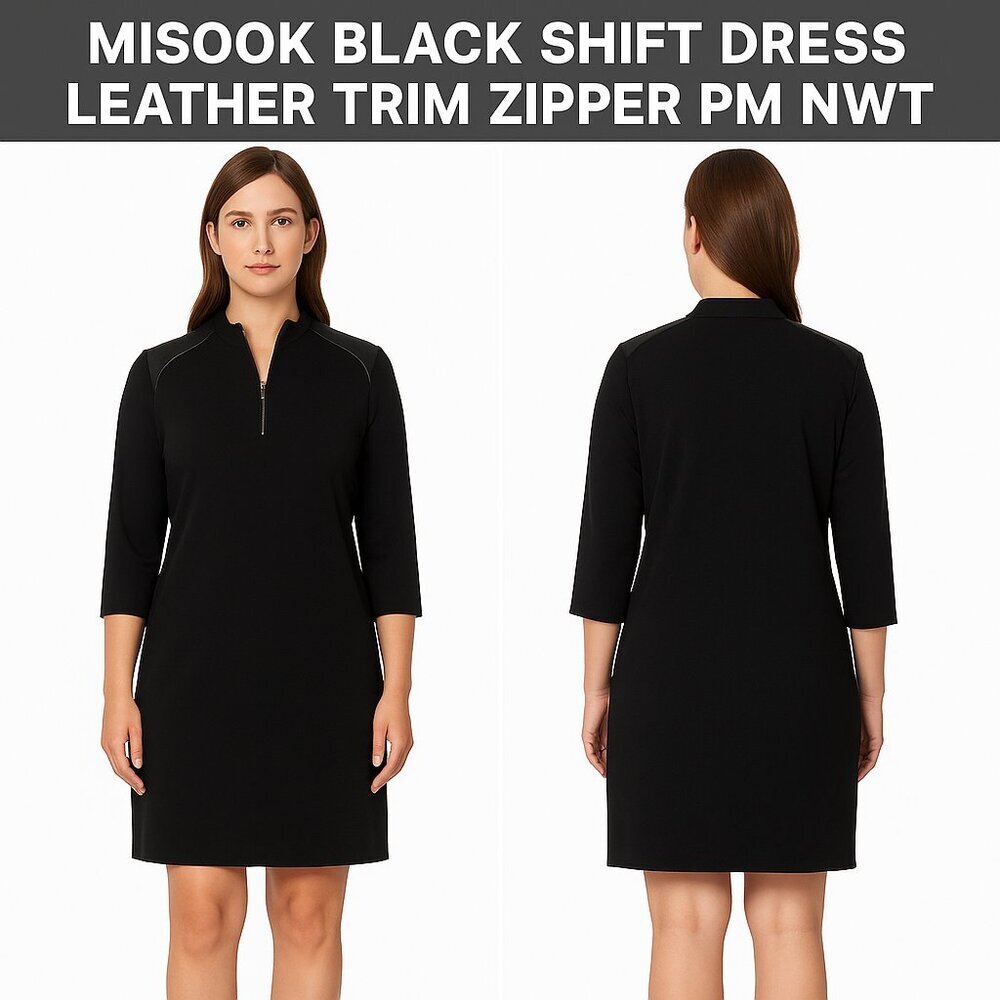 MISOOK BLACK SHIFT DRESS LEATHER TRIM ZIPPER PM NWT